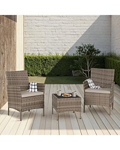 Willow 3Pc Garden Set - Grey Rattan/Grey Fabric/Black Glass
