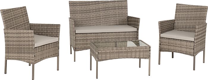 Willow 4Pc Garden Set - Grey Rattan/Grey Fabric/Clear Glass