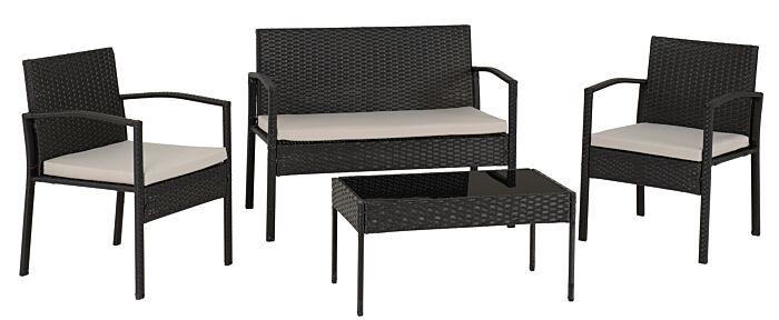 Cedar 4PC Garden Set - Black Rattan/Grey Fabric/Black Glass