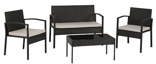 Cedar 4PC Garden Set - Black Rattan/Grey Fabric/Black Glass