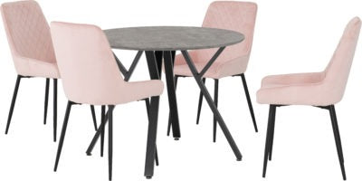 Athens Round Dining Set with Avery Chairs
Concrete Effect/Black/Baby Pink Velvet