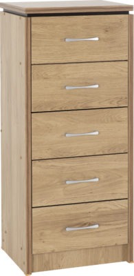Charles 5 Drawer Narrow Chest
Oak Effect Veneer with Walnut Trim