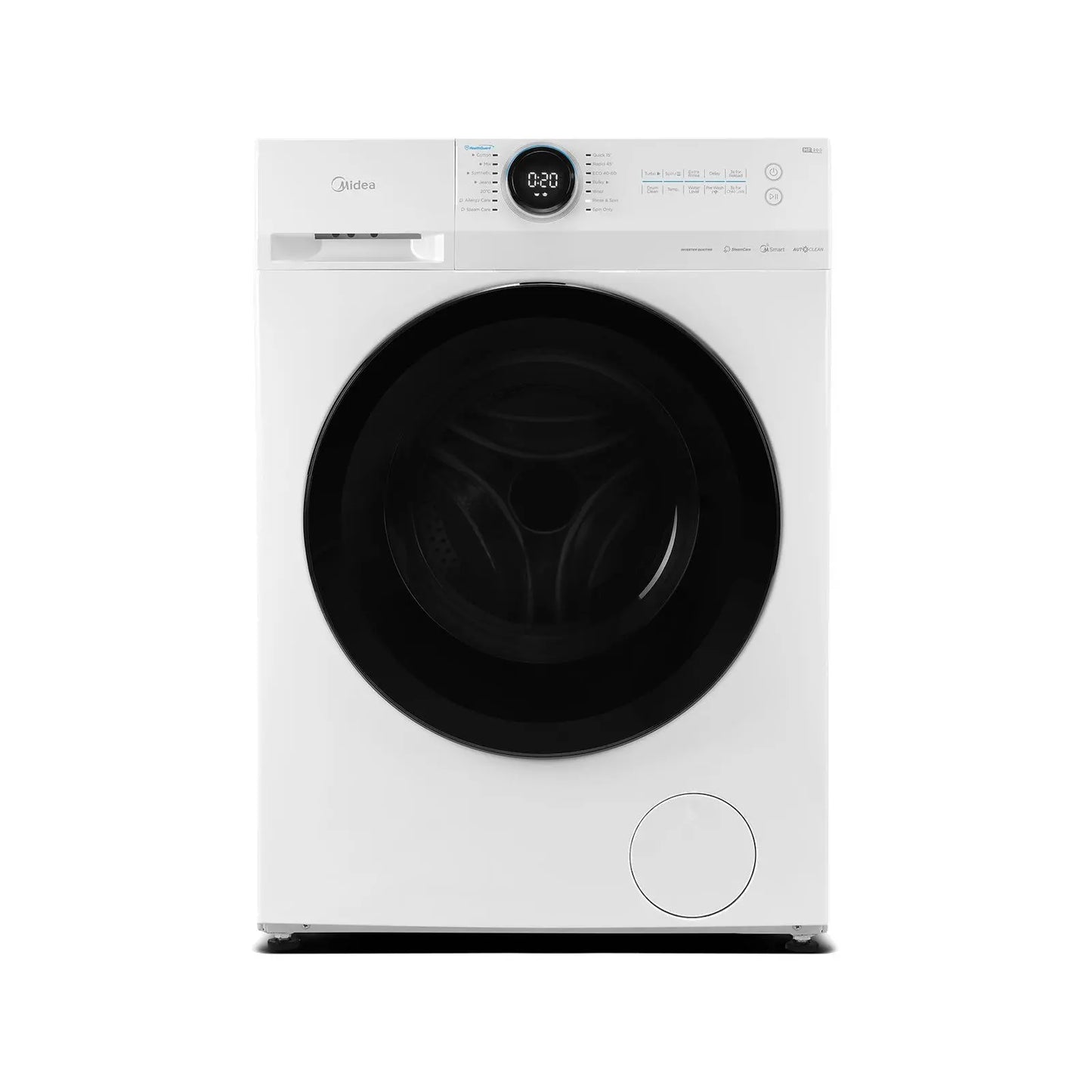 Midea MF20EW80WB Freestanding Washing Machine, BLDC Motor, Bright LED Display Lunar Dial, Steam, Allergy Care, Half-Load, Add Garment, Delay Start, Child Lock, APP Control, 8kg White [Energy Class A]