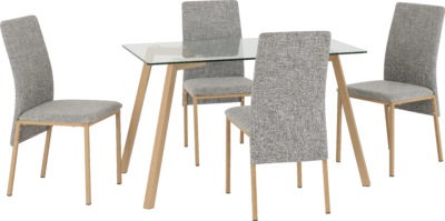 Morton Dining Set
Clear Glass/Oak Effect Veneer/Grey Fabric