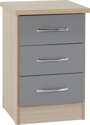 Nevada 3 Drawer Bedside Chest
Grey Gloss/Light Oak Effect Veneer