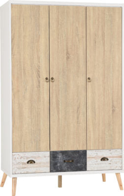 Nordic 3 Door 3 Drawer Wardrobe
White/Distressed Effect