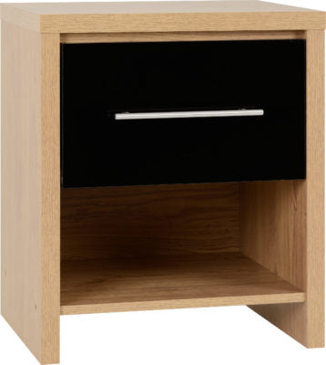 Seville 1 Drawer Bedside Cabinet
Black High Gloss/Light Oak Effect Veneer