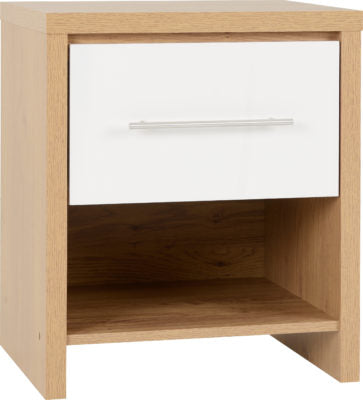 Seville 1 Drawer Bedside Cabinet
White High Gloss/Light Oak Effect Veneer