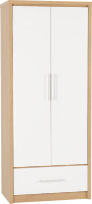 Seville 2 Door 1 Drawer Wardrobe
White High Gloss/Light Oak Effect Veneer