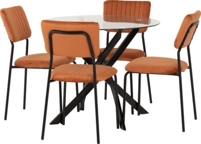 Sheldon Round Glass Top Dining Set
Clear Glass/Black/Burnt Orange Velvet Fabric