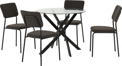 Sheldon Round Glass Top Dining Set
Clear Glass/Black/Grey Boucle Fabric