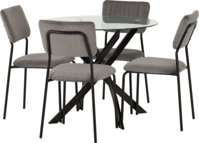 Sheldon Round Glass Top Dining Set
Clear Glass/Black/Grey Velvet Fabric