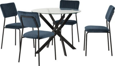 Sheldon Round Glass Top Dining Set
Clear Glass/Black/Navy Blue Velvet Fabric