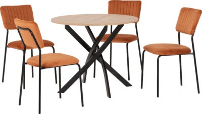 Sheldon Round Wooden Top Dining Set
Sonoma Oak Effect/Black/Burnt Orange Velvet Fabric